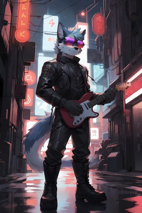 a man in a leather outfit playing a guitar in a city