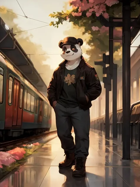 araffe panda bear in a black jacket and jeans standing on a platform