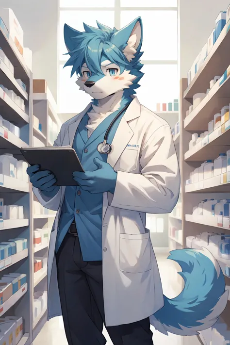 1boy,boy,solo,furry,kemono,anthro,tail,pharmacy,doctor,labcoat,