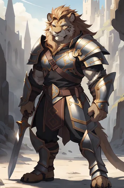 felid,lion,mammal,pantherine,anthro,armor,claws,fur,gold \(metal\),mace,male,mane,melee weapon,muscular,muscular male,paladin,shield,solo,unconvincing armor,warrior,weapon,yellow body,yellow fur,