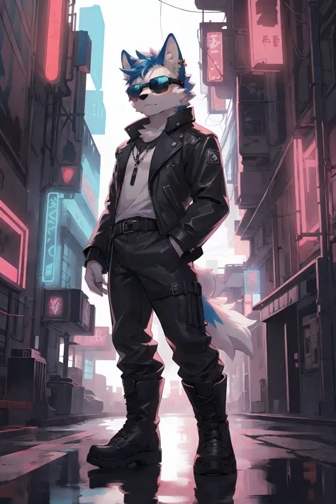 a cartoon cat in a leather jacket standing in a city street