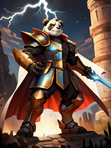 a panda bear dressed in armor holding a sword and standing on a rock