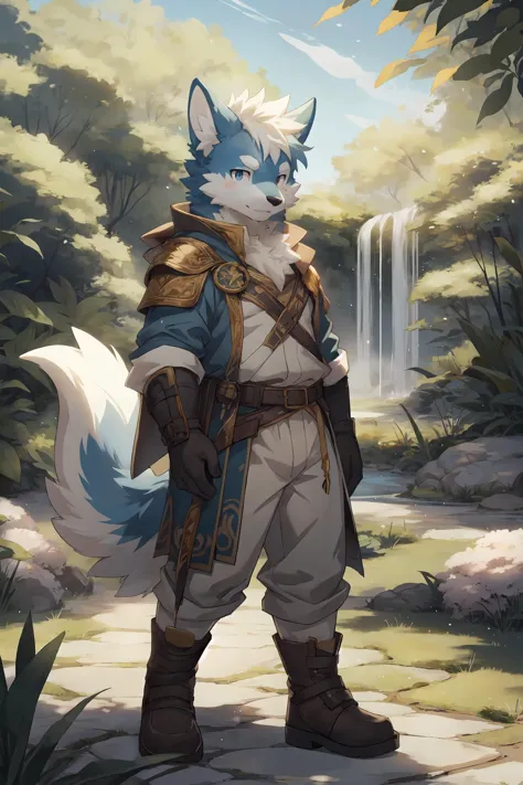 a painting of a fox with a sword standing in front of a waterfall