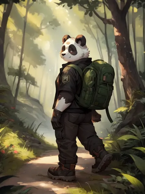 a painting of a panda bear walking down a path in the woods