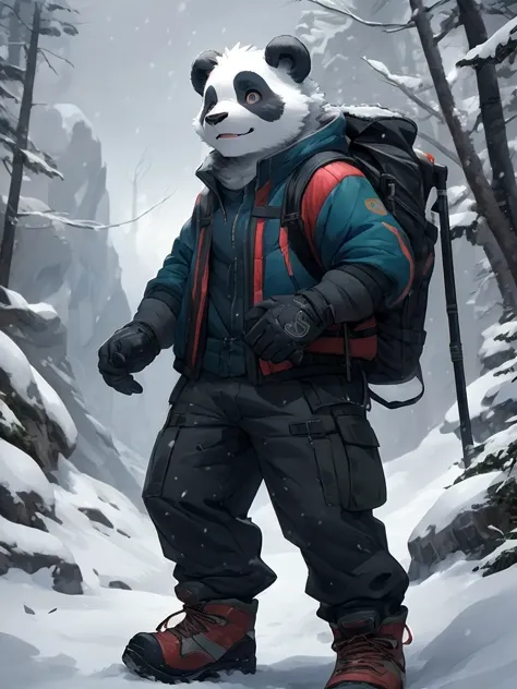 a close up of a panda bear wearing a backpack in the snow