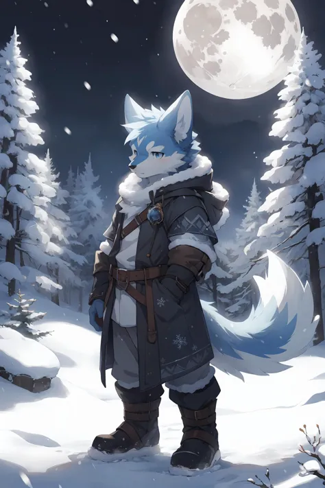 1boy,boy,solo,furry,kemono,anthro,tail,in winter,snow,ice,snowflakes,moon,fantasy,