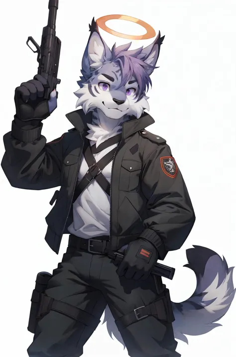 felid,feline,lynx,mammal,anthro,belt,bottomwear,claws,clothing,fluffy,fluffy tail,gloves,gun,hair,halo,handwear,happy,jacket,long ears,male,pants,purple eyes,purple hair,quilted,ranged weapon,ribbons,rifle,simple background,smile,solo,straps,tail,tape,topwear,weapon,