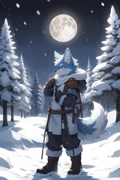 a cartoon wolf with a hat and a backpack standing in the snow