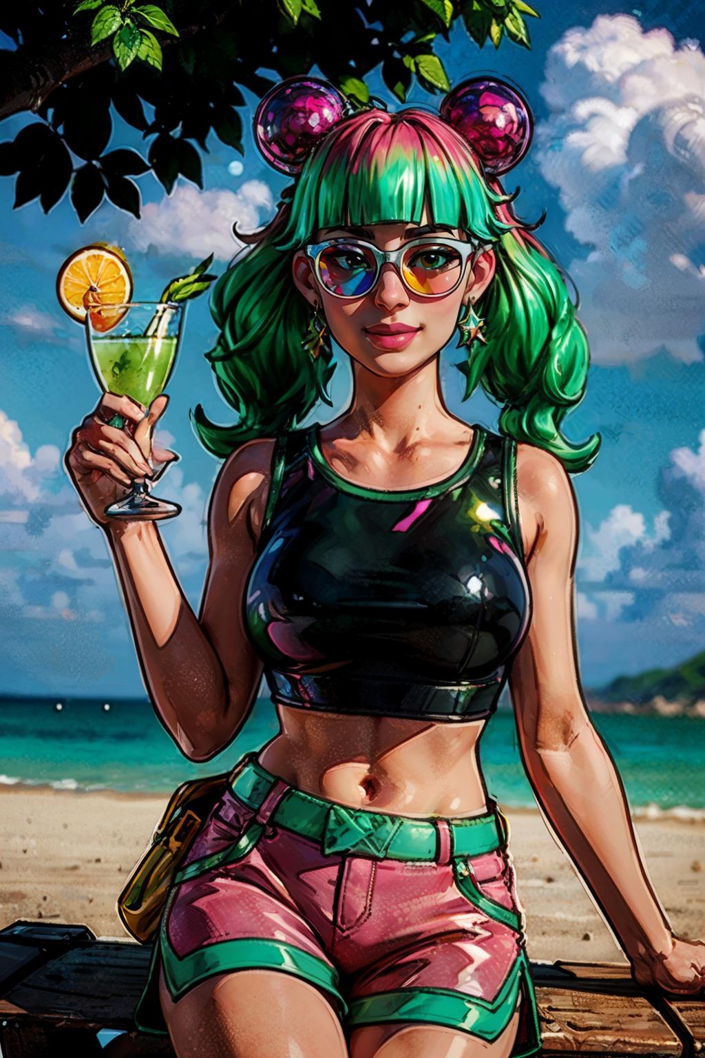 A close up of a person with pink hair holding a glass - SeaArt AI