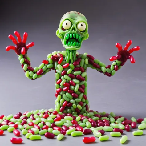 disgusting zombie made from green and red jellybeans <lora:Jelly_Beans:0.8>, lurching, arms out