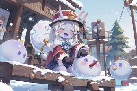 anime - style image of a woman in a winter scene with snowballs