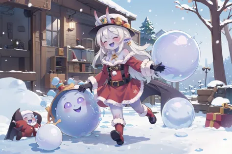 anime girl in a red dress and hat holding a snowball