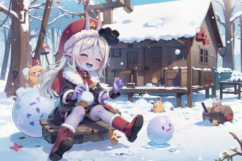 anime girl sitting on a bench in the snow with a snowman