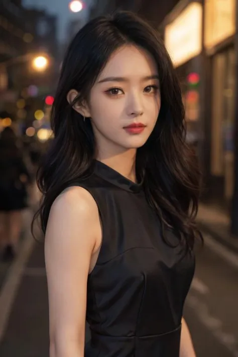 ((upper body:1.2)), nikon RAW photo, 8 k, long hair, Fujifilm XT3,masterpiece, best quality, realistic, photorealistic, ultra detailed, extremely detailed face, solo,1girl, standing, fashionable and trendy atmosphere, and a stylish expression on her face, close up, black dress, walking, at the dark streets, moonrise, sleeveless, fabric clothes,<lbm=FACES>