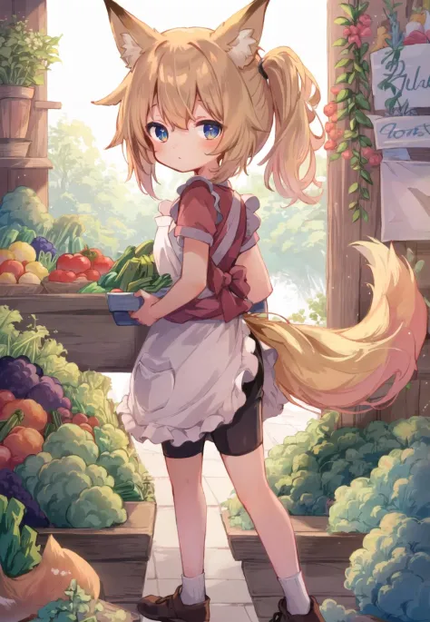 masterpiece, best quality,
((vegetables shop)), solo, apron, (working), ((foxgirl)), (foxtail), (fox ears), (((kid))), ((bike_sh...