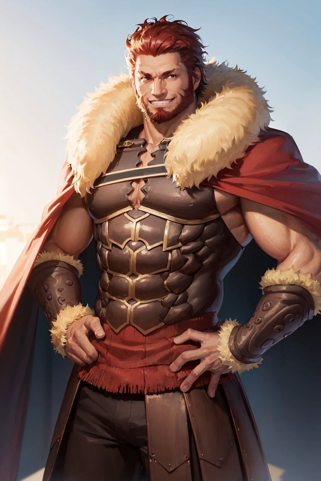 (masterpiece, best quality:1.2), cowboy shot, solo, male focus, 1boy, iskandar, mature male, muscular male, grin, looking at viewer, hands on hips, armor, fur-trimmed cape