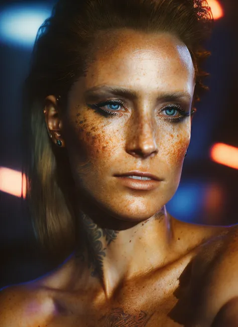 a woman with freckles and piercings posing for a picture