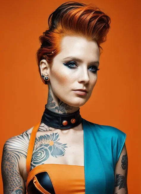 portrait of sks woman by Flora Borsi, style by Flora Borsi, bold, bright colours, orange Mohawk haircut, ((Flora Borsi)), <lora:locon_v_v1_from_v2_64_32:1.3>