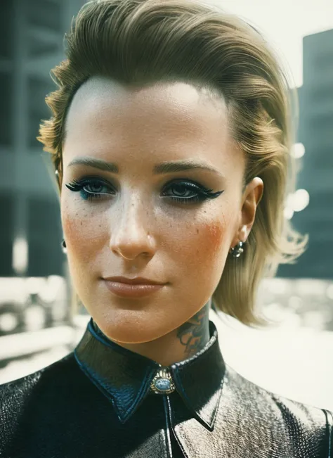 a close up of a woman with a black shirt and a black jacket