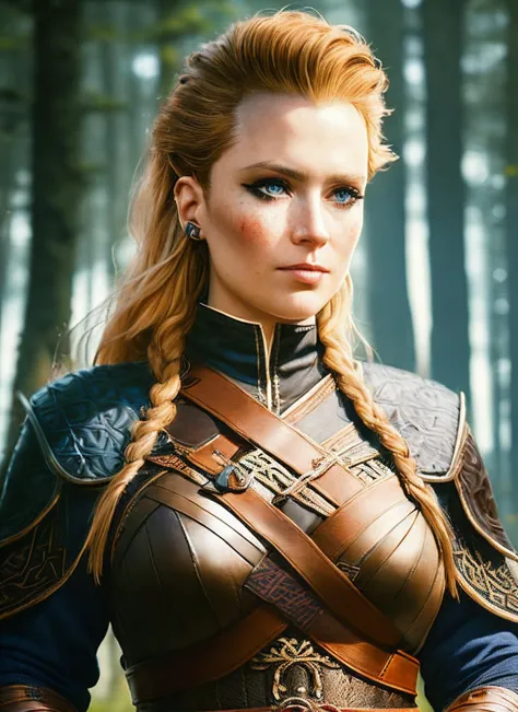 modelshoot style, A stunning intricate full color portrait of (35 years old sks woman:1) as (viking warrior woman), (barbarian),  epic character composition, by ilya kuvshinov, alessio albi, nina masic, sharp focus, natural lighting, subsurface scattering, f2, 35mm, film grain, <lora:locon_v_v1_from_v2_64_32:1.3>