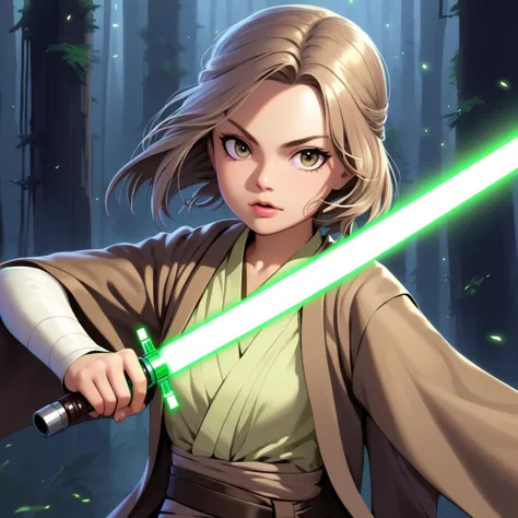 a woman with a light saber in a forest