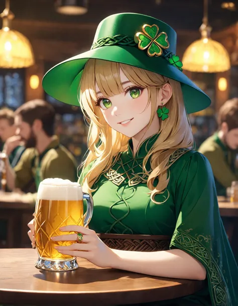 a woman in a green hat holding a beer in a bar