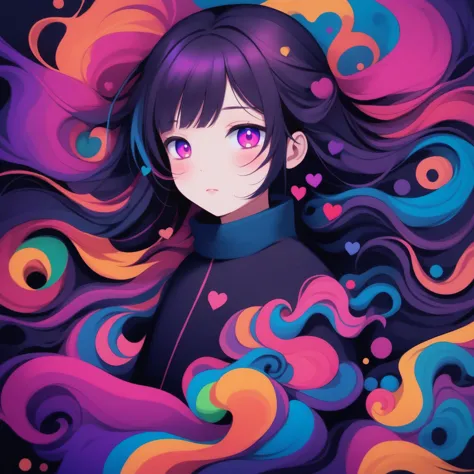 anime girl with long hair and purple eyes with colorful swirls