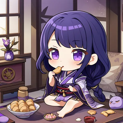 anime girl eating a snack in a room with a window