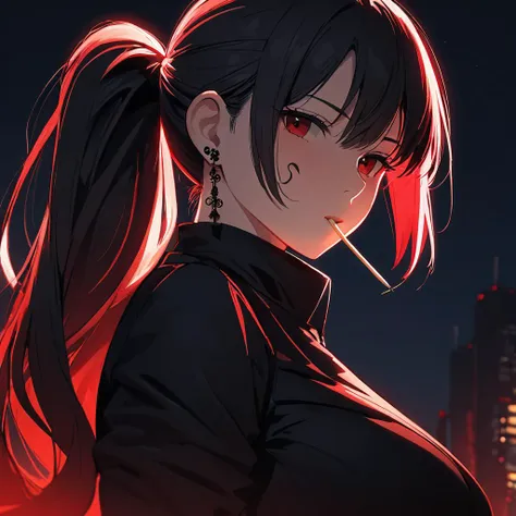 anime girl with ponytail hair and piercings in a city at night