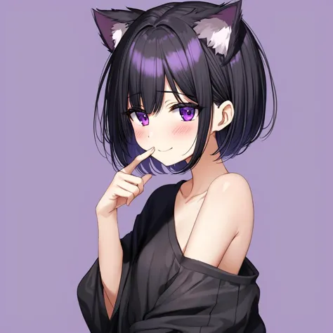 anime girl with black hair and purple eyes with a cat ear