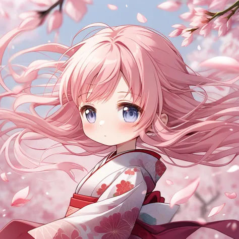 anime girl with pink hair and blue eyes in a kimono