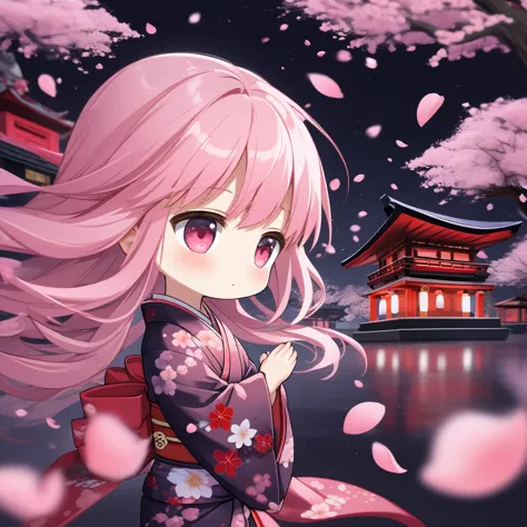 anime girl with pink hair and a kimono outfit standing in front of a pagoda