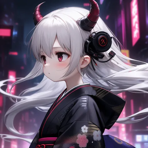 anime girl with horns and headphones in a city at night