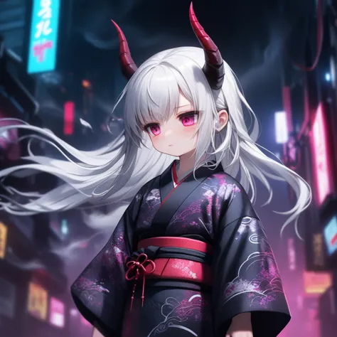 chibi 1girl, kimono, obi, horns, expressionless, blush, looking to the side, detailed eyes, clear eyes, white long hair, windy, floating hair, upper body, eye slash, 
depth of field, cyberpunk, night environment, dark neon background, smoke, night,