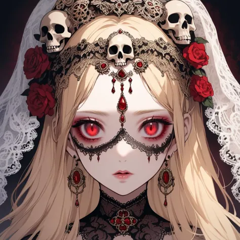 anime girl with red eyes and a veil with skulls on her head