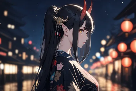 anime girl with long black hair and red horns in a street