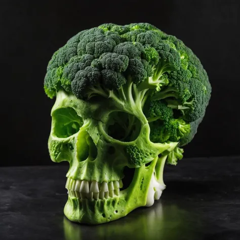 (photography:1.3), (RAW photo:1.3), human skull made of broccoli, dark background, backlight