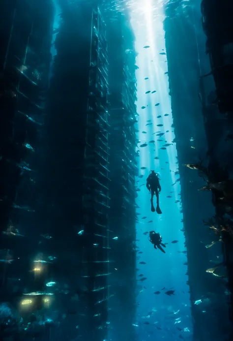 concept art A diver explores the shadowy recesses of an underwater skyscraper, its broken windows serving as home to schools of ...