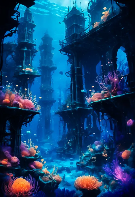 concept art An image of a hauntingly beautiful underwater city, its abandoned structures covered in bioluminescent corals and an...