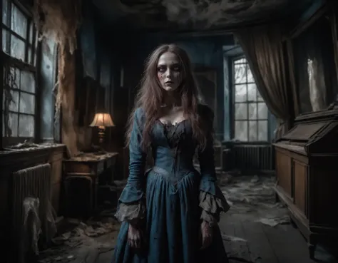 Inside an abandoned derelict period home, a mysterious figure with long, flowing hair and piercing blue eyes stands in the dimly...