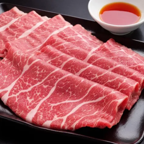 Une pile alléchante de tranches de bœuf Wagyu japonais de première qualité, soigneusement préparé pour un pot chaud, baigné d&#39;une lumière ambiante focalisée qui accentue la surface de la viande. Cette lumière devrait faire scintiller les motifs complexes de graisse à l&#39;intérieur du Wagyu, soulignant son luxe et renforçant son réalisme. Le persillage caractéristique du Wagyu devrait briller sous la lumière, reflétant sa riche teneur en huile. La couleur du bœuf doit être profonde, rouge rosé vibrant, avec une saturation et un contraste accrus pour le faire ressortir. La plaque, élégant et discret, devrait servir de base aux imposantes tranches de Wagyu. La qualité de la photographie doit être de haute résolution, capturer la profondeur et la hauteur des tranches de Wagyu empilées, soulignant leur volume et leur abondance,