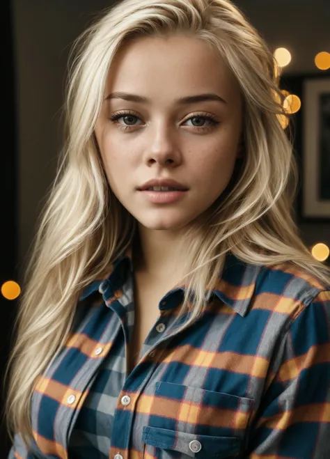 a woman with long blonde hair and a plaid shirt