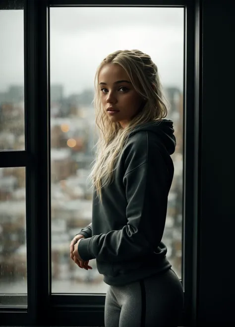 a woman standing in front of a window looking out at the city