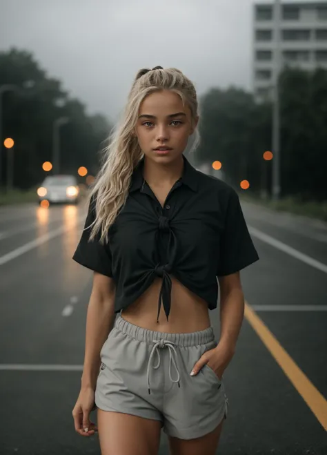 a woman standing on the side of a road in a black shirt