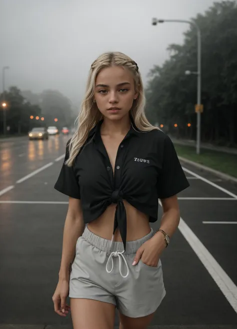 a woman in a black shirt and grey shorts standing on a street