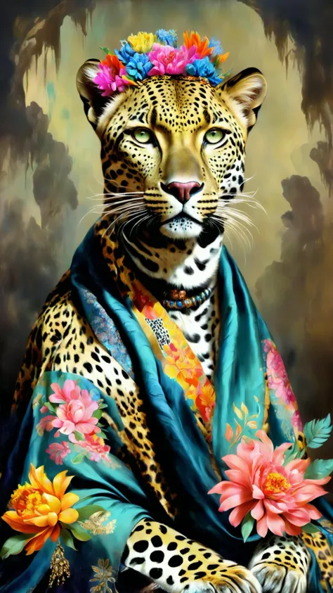 dios alienígena, pintura al óleo vintage de un retrato de un leopardo real, con flores en la cabeza envueltas en seda, colores vívidos, malhumorado, fondo oscuro, el leopardo con un chal de estampado floral, retrato de cuerpo entero del leopardo real al estilo de una pintura al óleo