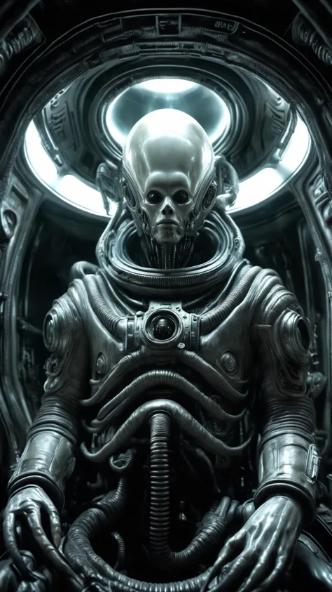 異星の神, h.R. gigeR style soviet cosmonaut inside soviet eRa 1960s space capsule, 映画のような, dRamatic lighting, グローバルイルミネーション, SupeR detailed, hypeR Realistic, daRk lighting, シェーディング, 8K, 弱い光 