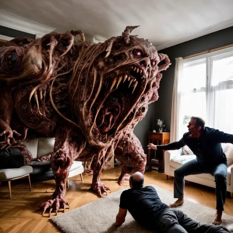 realistic photo of a huge ab0m monster attacking a man ((in living room)), terrifying, scary many eyes,<lora:ab0m1-000002:1> , d...