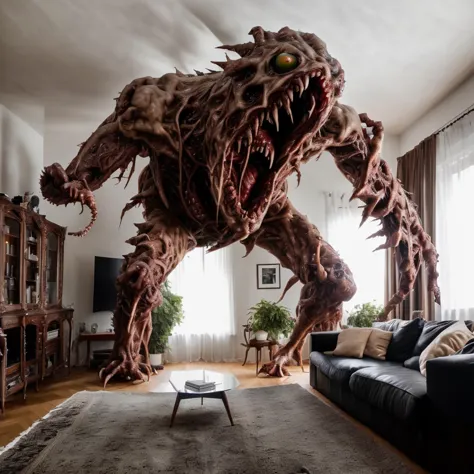 a close up of a living room with a couch and a large monster