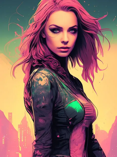 a woman with red hair and a green top standing in front of a city